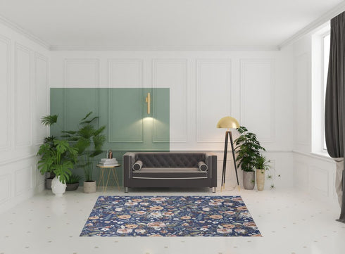 5' X 7' Blue and Green Floral Power Loom Washable Non Skid Area Rug